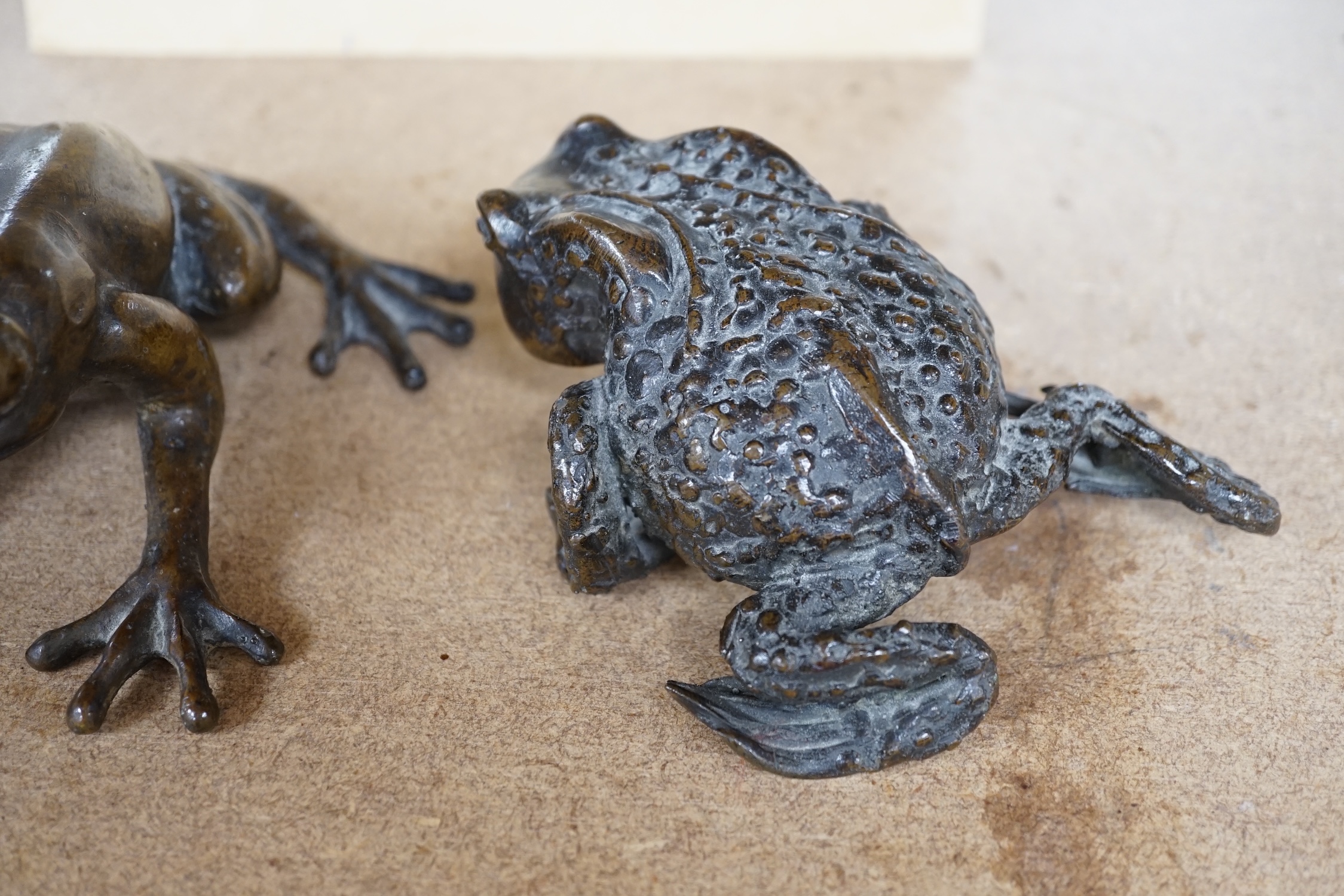 Pierre Chenet foundry (modern), a bronze model of a frog, together with an unsigned bronze model of a toad, largest 12cm. Condition - fair